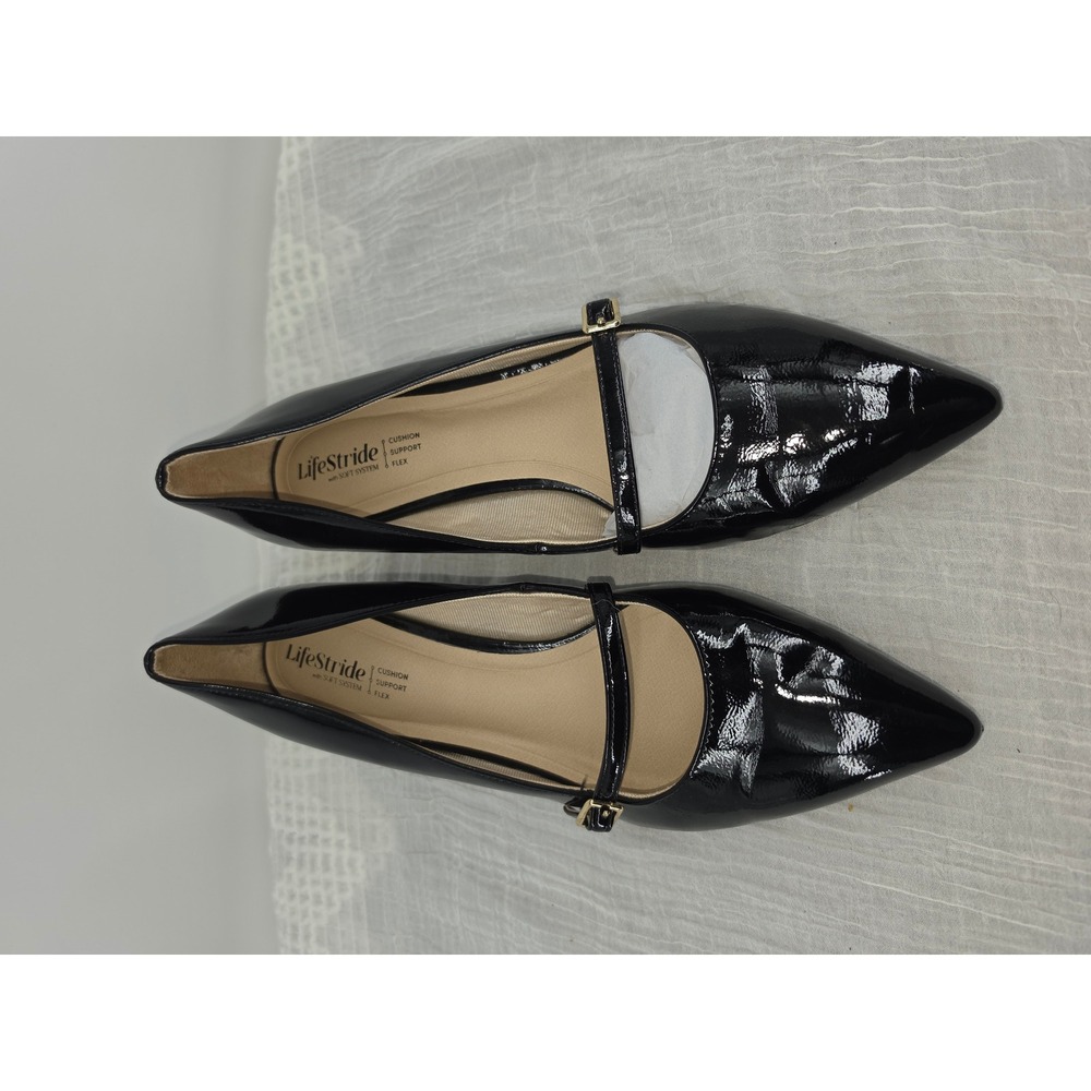 LifeStride Black Patent Mary Jane Pointed Toe Kitten Heel Pumps Shoes